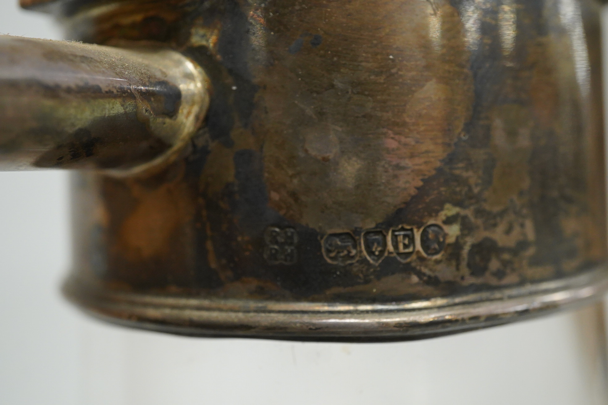 A late Victorian silver mounted plain glass bulbous claret jug, Richard Hodd & Son, London, 1880, height 19.7cm.